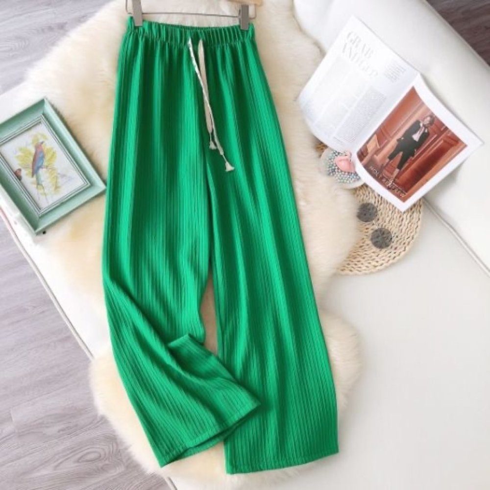 Women Straight Trousers Small Green Wide Leg Adjustable Drawstring Elastic Waist
